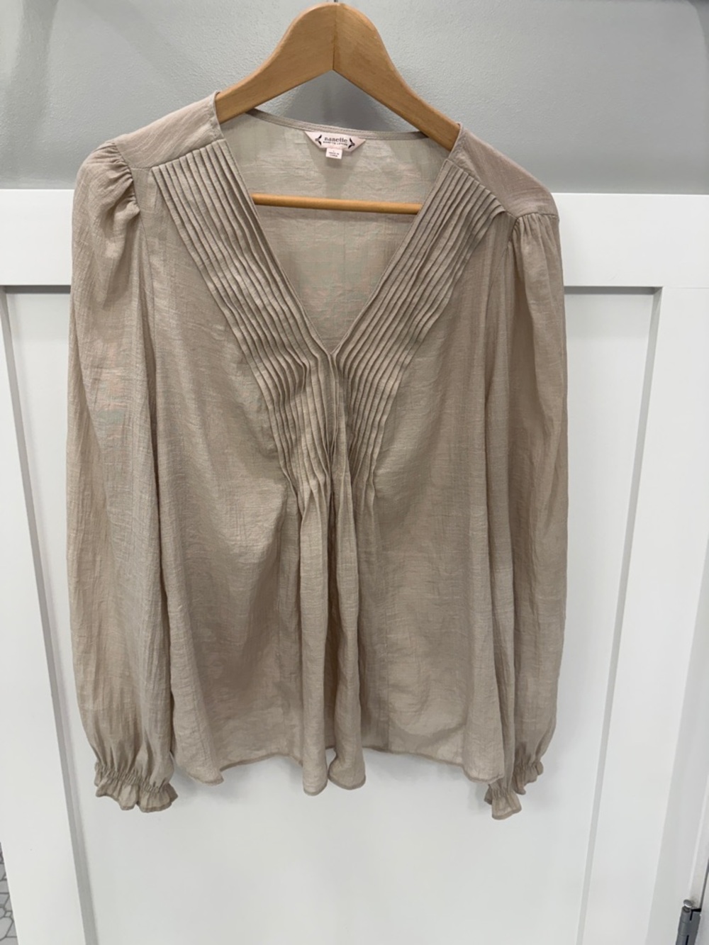 Nanette Lepore Pintuck V-Neck Lightweight Long Sleeve Blouse Neutral